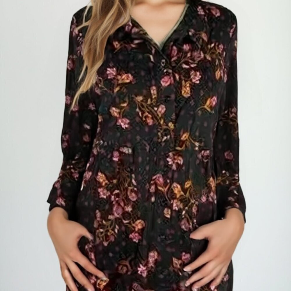 Style & Co. Dark Floral Tunic - Longline Roll-Tab Sleeve Blouse S🤎